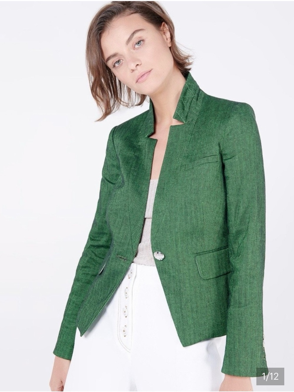 Veronica Beard Emerald Green Notchless Tailored Blazer Farley herringbone